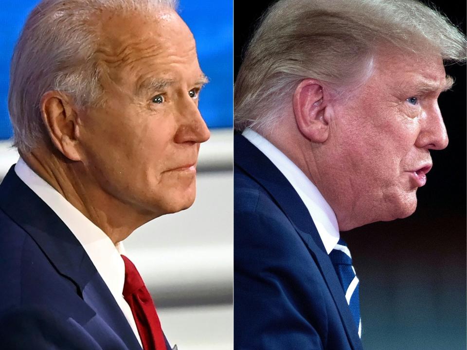 This combination of pictures shows Democratic Presidential candidate and former US Vice President Joe Biden participates in an ABC News town hall event at the National Constitution Center in Philadelphia on October 15, 2020, and US President Donald Trump gestures as he speaks during an NBC News town hall event at the Perez Art Museum in Miami on October 15, 2020.