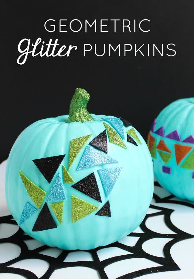 <p>These funky pumpkins are as simple as finding a <a href="https://go.redirectingat.com?id=74968X1596630&url=https%3A%2F%2Fwww.orientaltrading.com%2Fglitter-foam-geometric-self-adhesive-shapes-a2-13640166.fltr&sref=https%3A%2F%2Fwww.goodhousekeeping.com%2Fholidays%2Fhalloween-ideas%2Fg1714%2Fno-carve-pumpkin-decorating%2F" rel="nofollow noopener" target="_blank" data-ylk="slk:pack of stickers;elm:context_link;itc:0;sec:content-canvas" class="link ">pack of stickers</a> you like and affixing them onto your gourd. Don't forget to paint your pumpkin stem to match. </p><p><em><a href="https://designimprovised.com/2017/10/pumpkin-week-geometric-glitter-pumpkins.html" rel="nofollow noopener" target="_blank" data-ylk="slk:Get the tutorial at Design Improvised »;elm:context_link;itc:0;sec:content-canvas" class="link ">Get the tutorial at Design Improvised »</a></em></p><p><strong>RELATED:</strong> <a href="https://www.goodhousekeeping.com/holidays/halloween-ideas/g28325572/halloween-window-decorations/" rel="nofollow noopener" target="_blank" data-ylk="slk:Spooky Window Decorations for the Best Halloween Ever;elm:context_link;itc:0;sec:content-canvas" class="link ">Spooky Window Decorations for the Best Halloween Ever</a><br></p>