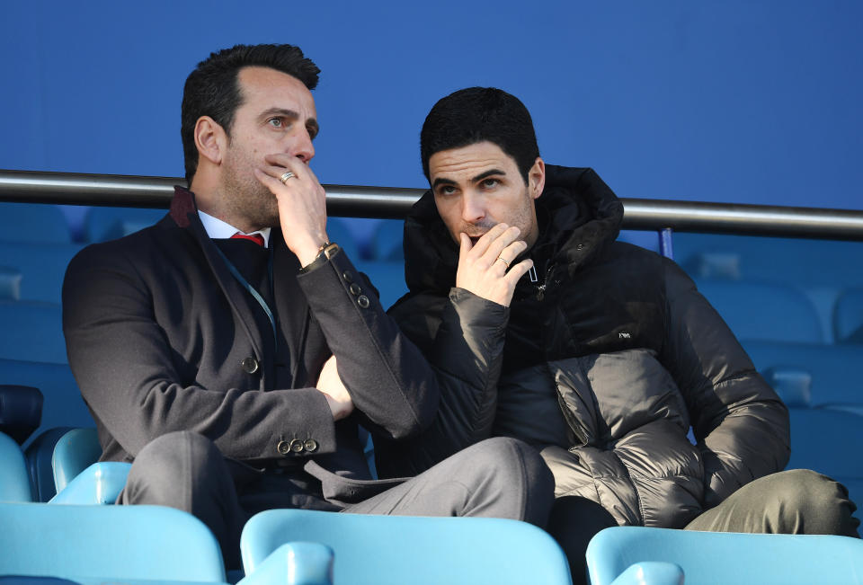 LIVERPOOL, ENGLAND - DECEMBER 21: Arsenal Head Coach Mikel Arteta (R) and Technical Director Edu speak before the Premier League match between Everton FC and Arsenal FC at Goodison Park on December 21, 2019 in Liverpool, United Kingdom. (Photo by Stuart MacFarlane/Arsenal FC via Getty Images)