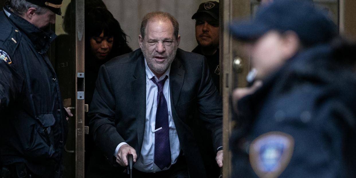 FILE PHOTO: Film producer Harvey Weinstein leaves Criminal Court during his sexual assault trial in the Manhattan borough of New York City, U.S., February 10, 2020. REUTERS/Jeenah Moon