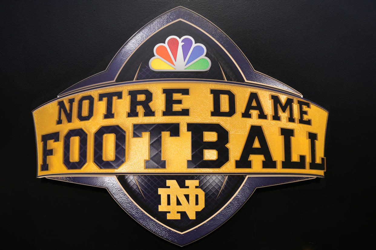 SOUTH BEND, IN - SEPTEMBER 11: A detail view of the NBC Notre Dame Football logo is seen during a game between the Notre Dame Fighting Irish and the Toledo Rockets on September 11, 2021 at Notre Dame Stadium, in South Bend, IN. (Photo by Robin Alam/Icon Sportswire via Getty Images)