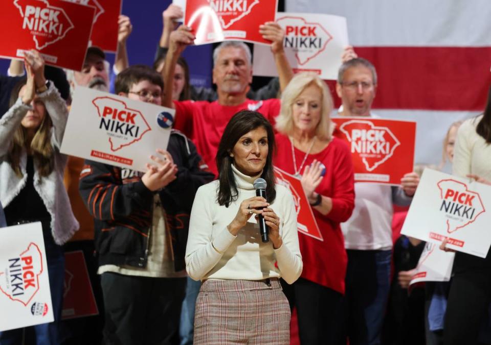 U.S. Presidential candidate Nikki Haley listens as a crowd applauds Friday, Feb. 2, 2024 at her campaign stop in Indian Land, S.C.