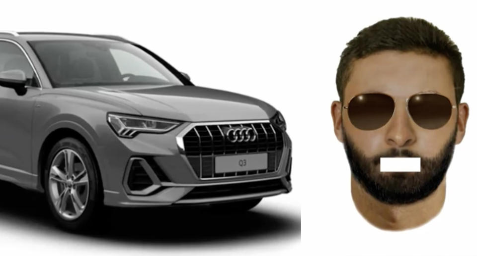 Left, the suspect's grey Audi Q3 SUV. Right, a sketch of the alleged abductor. 