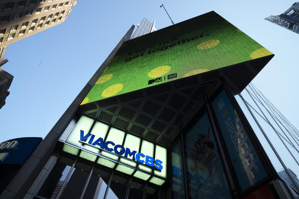 FILE - The ViacomCBS headquarters is shown in New York's Times Square on Aug. 5, 2020. CBS News is rebuilding MTV's old "Total Request Live" studio as its headquarters for election night. The network is installing giant touchscreens and "augmented reality" displays for the big political night and says the studio provides extra roominess to put on a television show in the COVID-19 era. (AP Photo/Mark Lennihan, File)