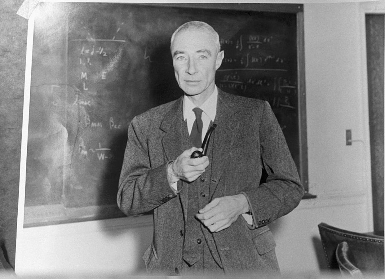 J. <span class="caas-xray-inline-tooltip"><span class="caas-xray-inline caas-xray-entity caas-xray-pill rapid-nonanchor-lt" data-entity-id="J._Robert_Oppenheimer" data-ylk="cid:J._Robert_Oppenheimer;pos:1;elmt:wiki;sec:pill-inline-entity;elm:pill-inline-text;itc:1;cat:Scientist;" tabindex="0" aria-haspopup="dialog"><a href="https://search.yahoo.com/search?p=J.%20Robert%20Oppenheimer" data-i13n="cid:J._Robert_Oppenheimer;pos:1;elmt:wiki;sec:pill-inline-entity;elm:pill-inline-text;itc:1;cat:Scientist;" tabindex="-1" data-ylk="slk:Robert Oppenheimer;cid:J._Robert_Oppenheimer;pos:1;elmt:wiki;sec:pill-inline-entity;elm:pill-inline-text;itc:1;cat:Scientist;" class="link ">Robert Oppenheimer</a></span></span> would go on to be called 'father of the bomb.' <a href="https://www.gettyimages.com/detail/news-photo/robert-oppenheimer-american-physicist-director-of-the-news-photo/515177800?adppopup=true" rel="nofollow noopener" target="_blank" data-ylk="slk:Bettmann via Getty Images;elm:context_link;itc:0;sec:content-canvas" class="link ">Bettmann via Getty Images</a>