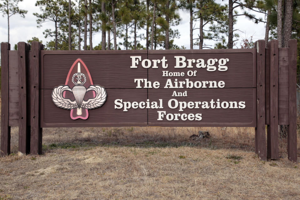 FILE - Fort Bragg shown, Feb. 3, 2022, in Fort Bragg, N.C. An independent commission is recommending new names for nine Army posts that were commemorated Confederate officers. Among their recommendations: Fort Bragg would become Fort Liberty and Fort Gordon would become Fort Eisenhower. The recommendations are the latest step in a broader effort by the military to confront racial injustice. (AP Photo/Chris Seward, File)