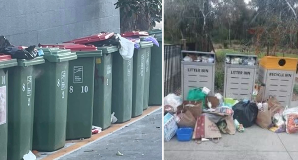 Images of waste dumped around overflowing bins in Melbourne councils.