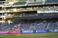 Los Angeles Angels' Shohei Ohtani pauses on the mound at T-Mobile Park during the fourth inning of the team's baseball game against the Seattle Mariners, Thursday, June 16, 2022, in Seattle. (AP Photo/Ted S. Warren)