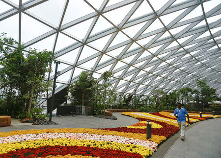 <p>El piso superior, llamado Canopy Park, presenta el Jardín de los Pétalos, redes para saltar y caminar, un puente aéreo de 165 pies, dos laberintos (uno con espejos, los otros setos), un tobogán gigante y ocho bares y restaurantes. REUTERS/Feline Lim </p>