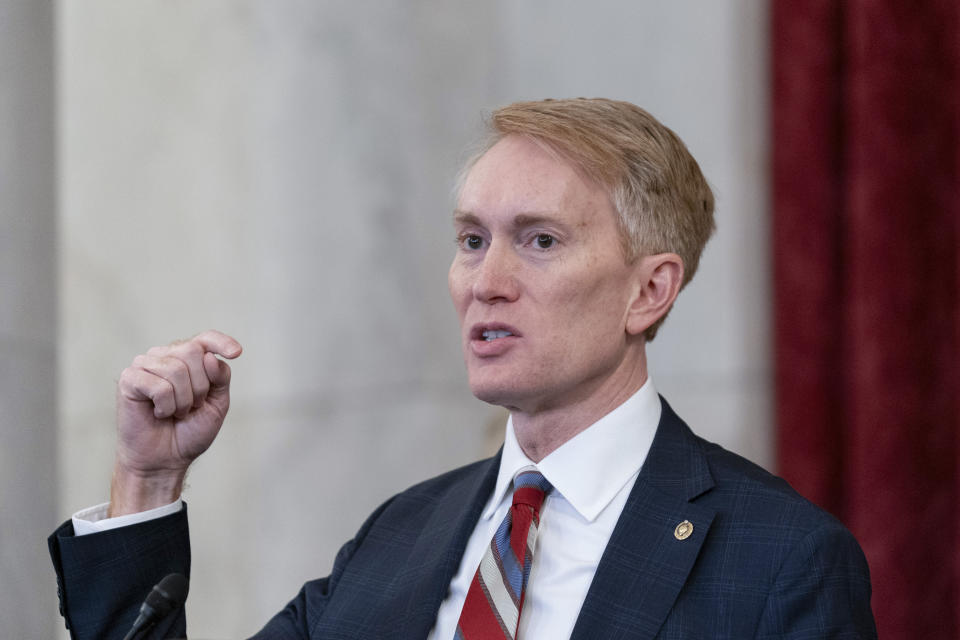 Sen. James Lankford, R-Okla., speaks to media about Israel, Wednesday, Oct. 18, 2023, on Capitol Hill in Washington. (AP Photo/Stephanie Scarbrough)