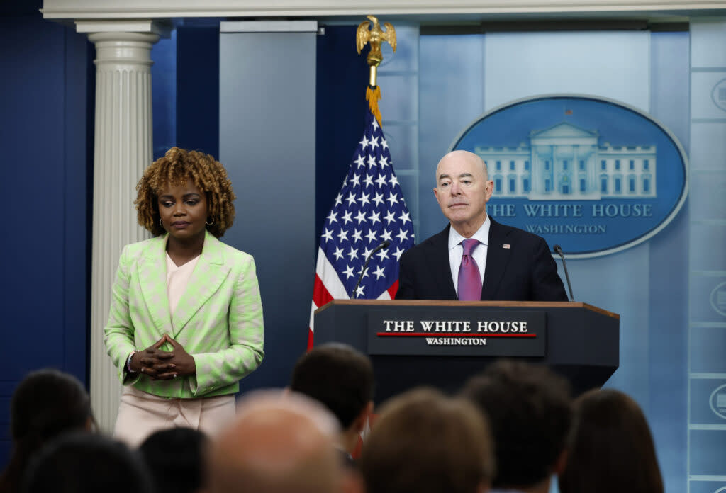 White House press secretary Karine Jean-Pierre and U.S. Secretary of Homeland Security Alejandro Mayorkas speak at the daily press briefing at the White House on July 15, 2024 in Washington, D.C.