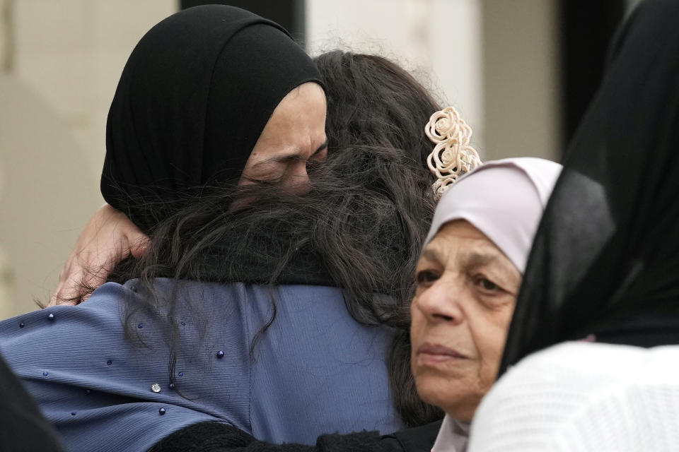 Muslim community members mourn the death of Wadea Al Fayoume at Mosque Foundation in Bridgeview, Ill., Monday, Oct. 16, 2023. An Illinois landlord accused of fatally stabbing the 6-year-old Muslim boy and seriously wounding his mother was charged with a hate crime after police and relatives said he singled out the victims because of their faith and as a response to the war between Israel and Hamas. (AP Photo/Nam Y. Huh)