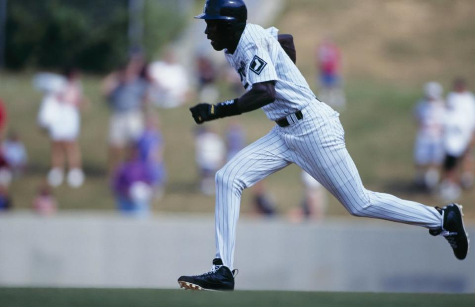 Michael Jordan of the Birmingham Barons runs the bases during an August 1994 game against the Memphis Chicks in Hoover, Ala.