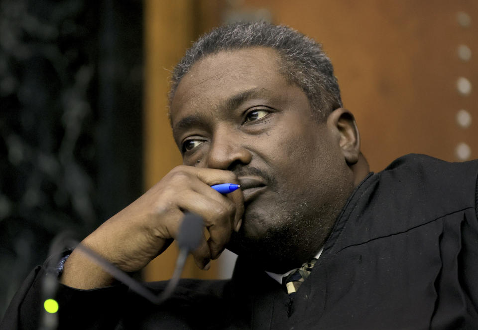 Circuit Court Judge David Mason listens to testimony during the third day of Lamar Johnson's wrongful conviction hearing in St. Louis on Wednesday, Dec. 14, 2022. (David Carson/St. Louis Post-Dispatch via AP, Pool)