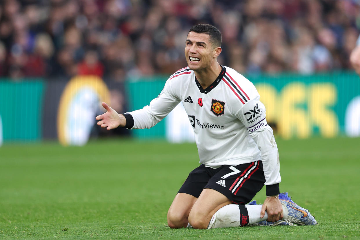 Manchester United's Cristiano Ronaldo complains after being fouled during the Premier League match against Aston Villa. 