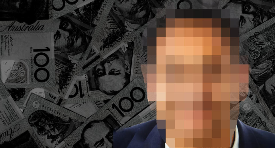 A highly pixelated image of a man against a dark Australian 100 dollar banknote background.