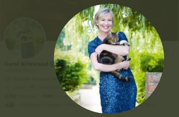 Carol Kirkwood and her beloved cat Donald, who has died aged 20. (Twitter/Carol Kirkwood)