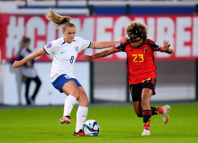 England’s Georgia Stanway and Belgium’s Kassandra Missipo battle for the ball on Tuesday (Rene Nijhuis/PA)