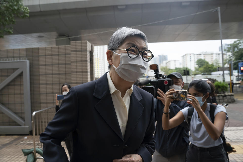 Barrister and former lawmaker Margaret Ng arrives at the West Kowloon Magistrates's Courts in Hong Kong, Friday Nov. 25, 2022. Hong Kong Cardinal Joseph Zen and five others were in court on Friday over charges of failing to register a now-defunct fund that aimed at helping people arrested in the widespread protests three years ago. (AP Photo/Anthony Kwan)