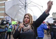 Towanna Murphy holds up her fist during a march for Tyre Nichols, who died after being beaten by Memphis police during a traffic stop, in Memphis, Tenn., on Saturday, Jan. 28, 2023. (Patrick Lantrip/Daily Memphian via AP)