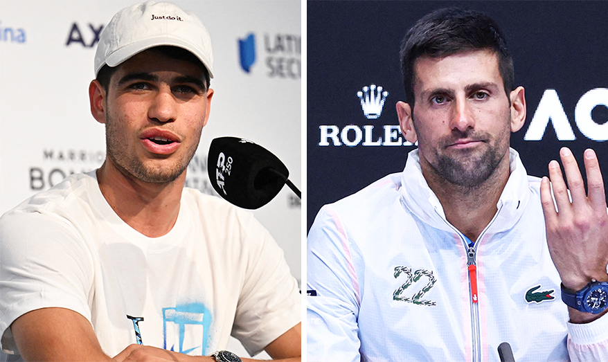 Carlos Alcaraz (pictured left) during a press conference and (pictured right) Novak Djokovic talking after the Australian Open.