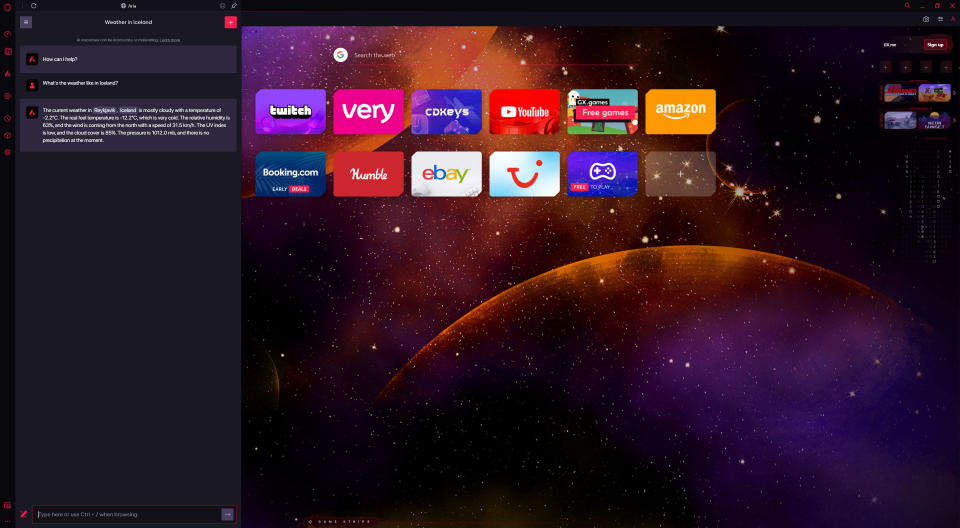 A screenshot of the Opera GX web browser showing the Aria AI in use