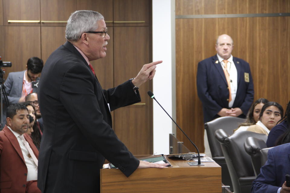 Rockingham County Sheriff Sam Page expresses support for the immigration-related bill during a state Senate judiciary committee hearing at the Legislative Office Building on Tuesday, April 30, 2024. He said the bill would keep communities safer. (AP Photo/Makiya Seminera)