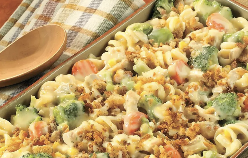 <p>Cream of Chicken Soup gives you a jump start on this filling casserole that features veggies, pasta, chicken and stuffing. </p> <p><a href="https://www.thedailymeal.com/best-recipes/chicken-pasta-and-vegetable-casserole?referrer=yahoo&category=beauty_food&include_utm=1&utm_medium=referral&utm_source=yahoo&utm_campaign=feed" rel="nofollow noopener" target="_blank" data-ylk="slk:For the Chicken, Pasta and Vegetable Casserole recipe, click here.;elm:context_link;itc:0;sec:content-canvas" class="link ">For the Chicken, Pasta and Vegetable Casserole recipe, click here.</a> </p>