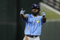 Tampa Bay Rays' Randy Arozarena reacts after hitting a single against the Baltimore Orioles in the fifth inning of a baseball game, Friday, Sept. 15, 2023, in Baltimore. (AP Photo/Julio Cortez)