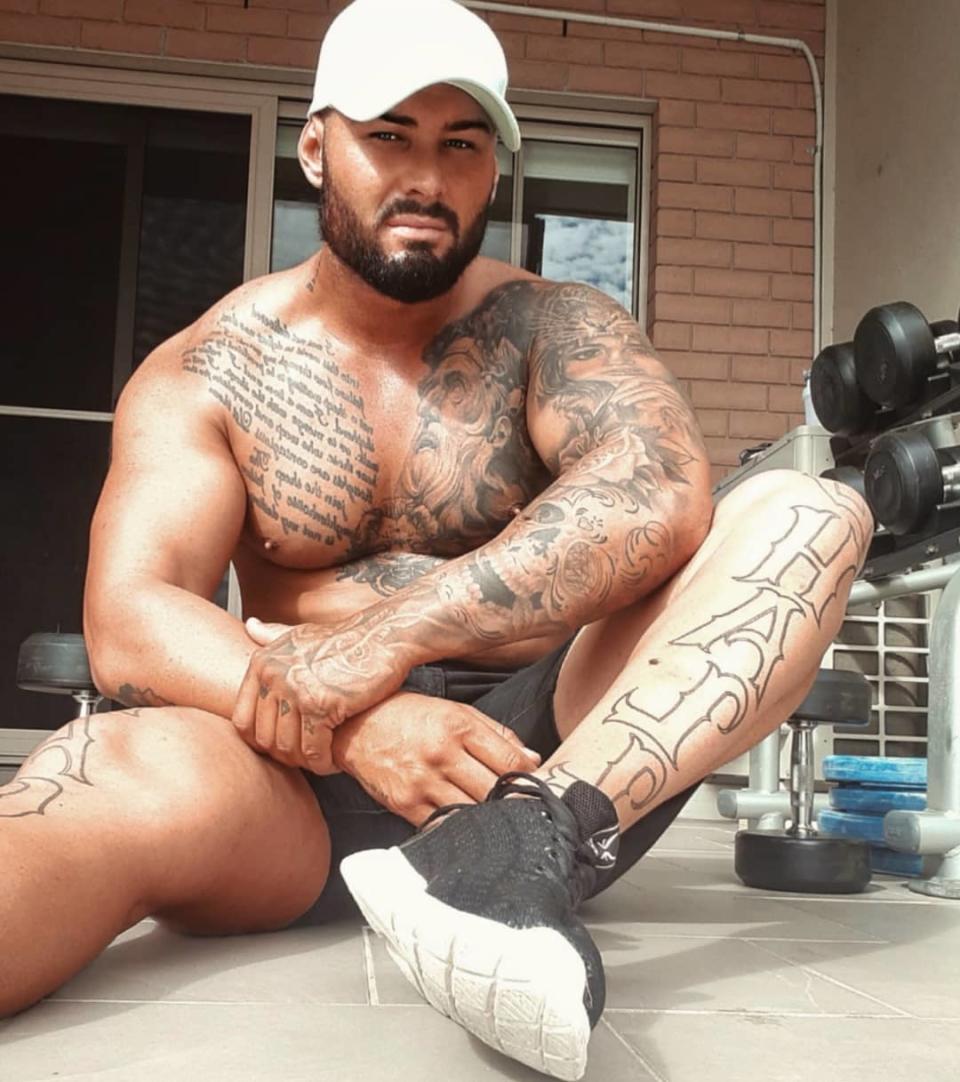 MAFS' Sam Ball shirtless wearing black shorts and a white cap