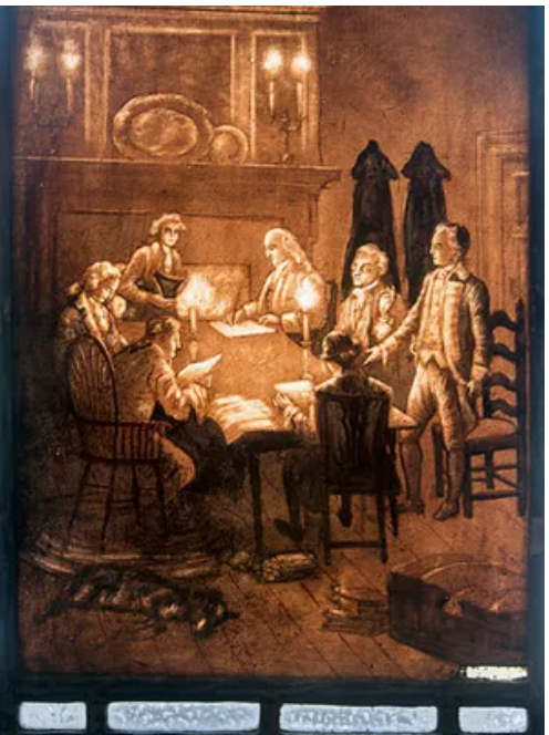 This J. Horace-Rudy stained-glass art piece shows a Continental Congress committee at work in York sometime in 1777-78, a nine-month period of exile while British troops occupied Philadelphia.