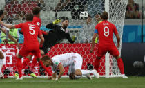 Soccer Football - World Cup - Group G - Tunisia vs England - Volgograd Arena, Volgograd, Russia - June 18, 2018 Tunisia's Mouez Hassen saves England's John Stones shot REUTERS/Sergio Perez