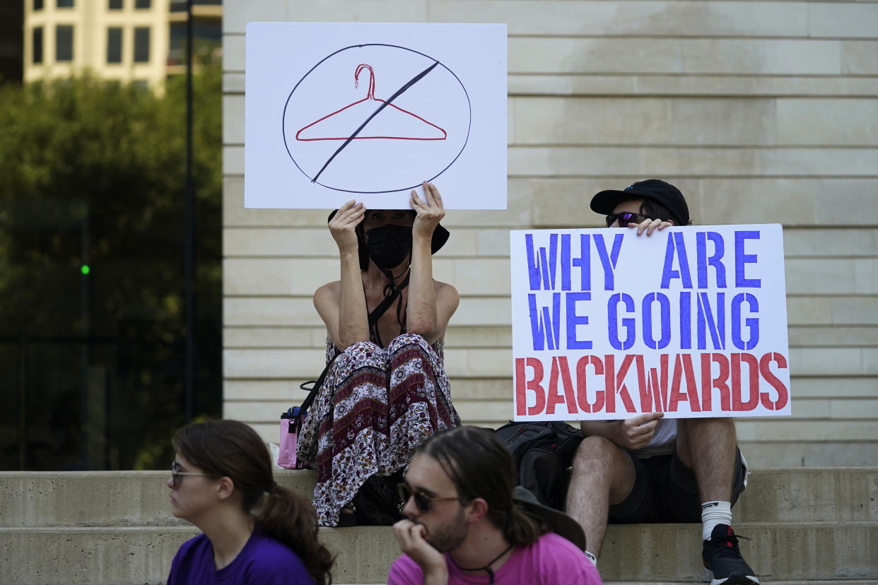 Demonstrators gather at the federal courthouse in Austin, Texas, following the U.S. Supreme Court's decision to overturn Roe v. Wade in 2022. 