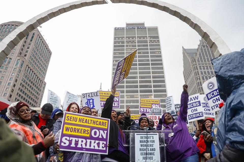 Union members include SEIU nursing home workers chant, "One day longer, one day stronger," as union members and supporters gather during Detroit's March for Workers' Rights and Economic Justice at Hart Plaza in downtown Detroit on Thursday, Oct. 19, 2023.