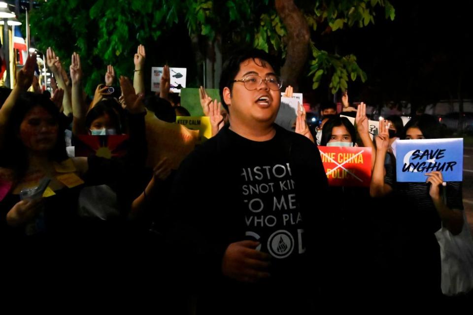 sings during a Milk Tea Alliance protest outside the Chinese embassy in Bangkok on Oct. 1, 2020.<span class="copyright">Romeo GACAD—AFP/Getty Images Bunkueanun “Francis” Paothong</span>