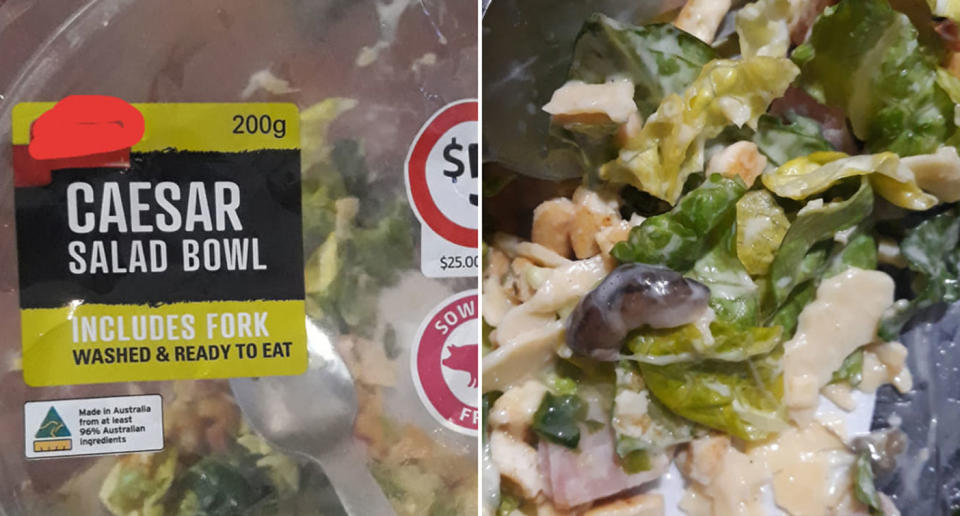 A Coles Caesar salad bowl and what appears to be a slug inside the bowl.