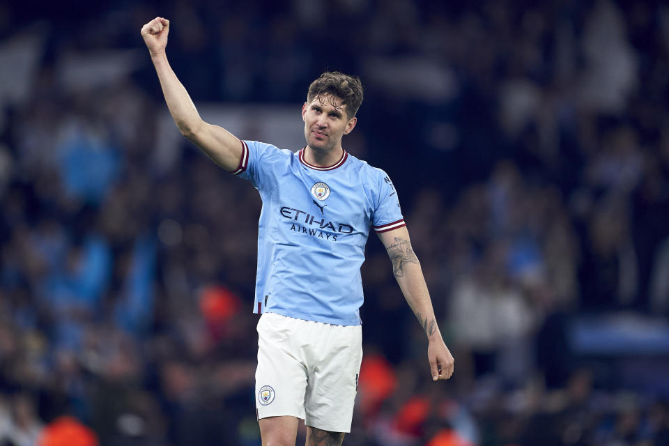 MANCHESTER, ENGLAND - MAY 17: John Stones of Manchester City celebrates after the UEFA Champions League semi-final second leg match between Manchester City FC and Real Madrid at Etihad Stadium on May 17, 2023 in Manchester, England. (Photo by Mateo Villalba/Quality Sport Images/Getty Images)