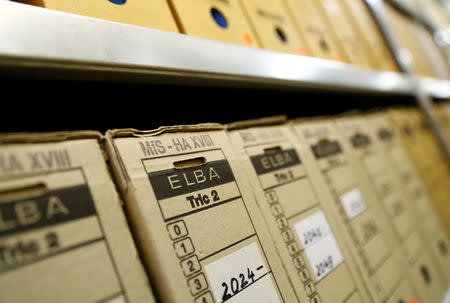 A shelf containing documents of the former East German Ministry for State Security (MfS), known as the Stasi, is pictured at the central archives office in Berlin, Germany, March 12, 2019. Picture taken March 12, 2019. REUTERS/Fabrizio Bensch