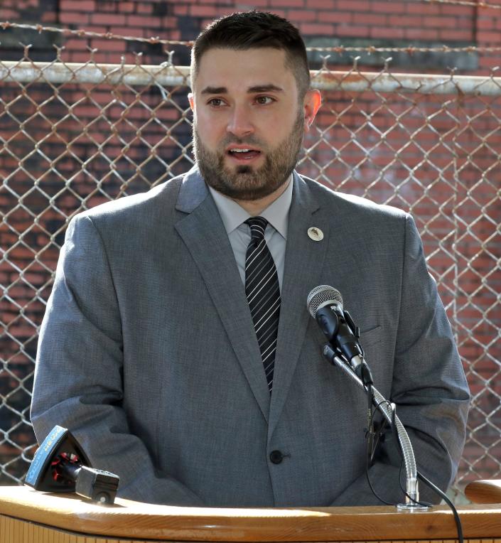 Bessemer City Manager Joshua Ross speaks during a ground breaking ceremony held on the grounds of Osage Mill in Bessemer City Thursday afternoon, Jan. 26, 2023.