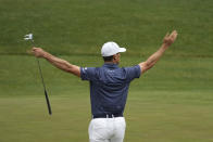 Billy Horschel celebrates after a birdie putt on the 16th hole during the third round of the Masters golf tournament on Saturday, April 10, 2021, in Augusta, Ga. (AP Photo/Charlie Riedel)