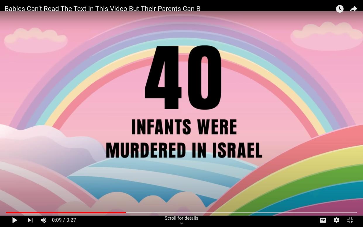 Screenshot from a YouTube ad from the Israel Ministry of Foreign Affairs with a rainbow over a pink sky and the words "40 Infants Were Murdered In Israel"