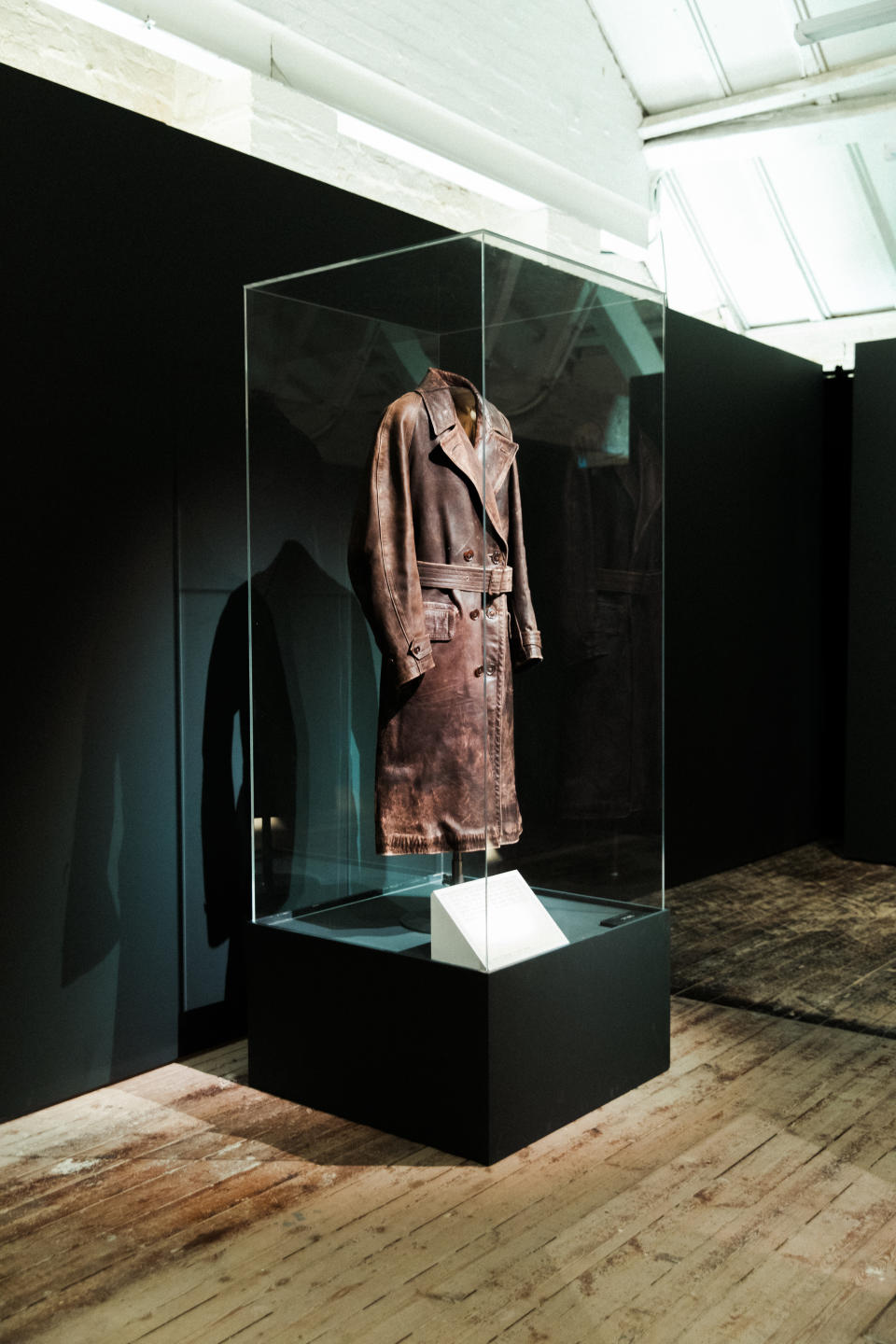 Belstaff's earliest branded brown leather car coat from 1924 at the Belstaff archive exhibition. 