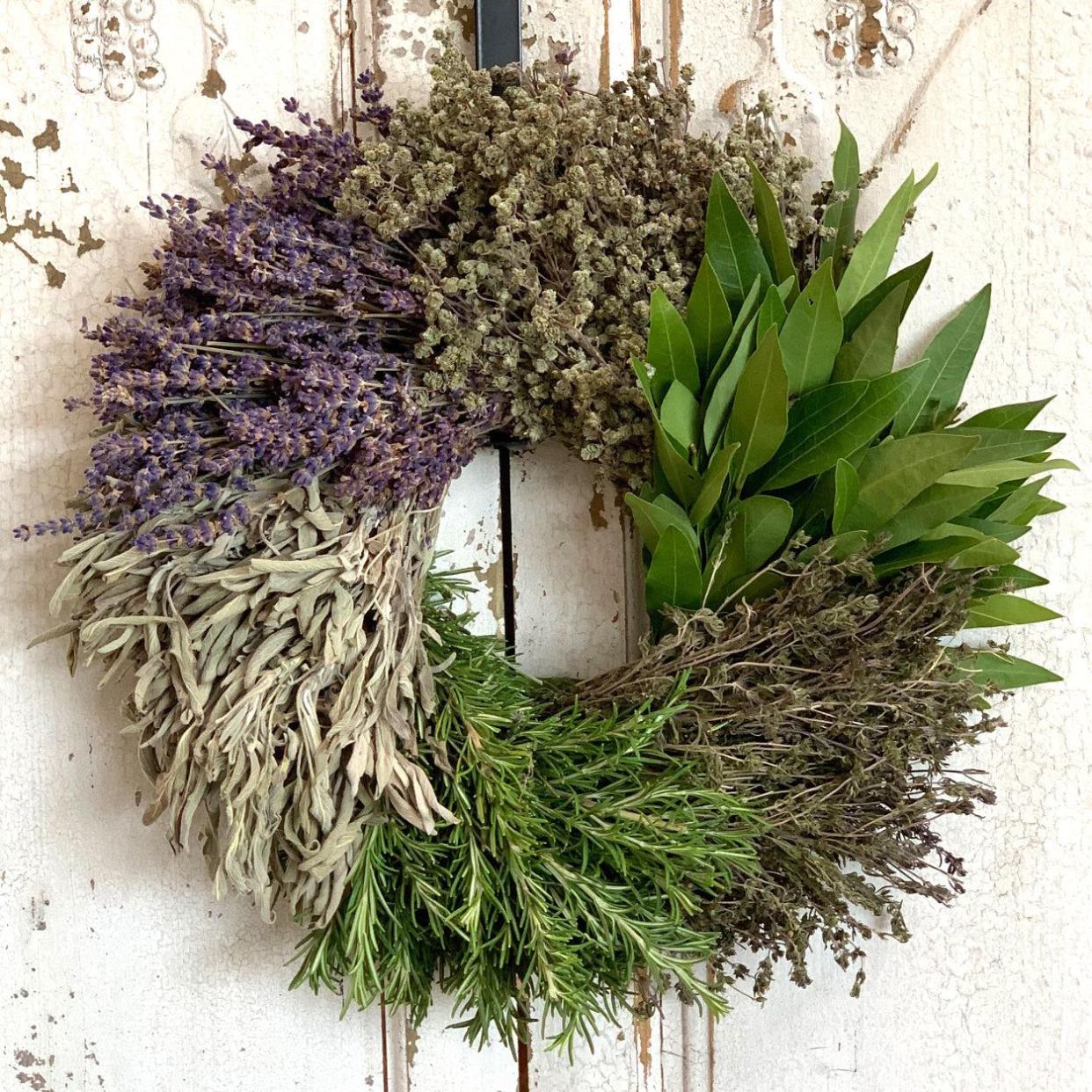 Creekside Farms Kitchen Herb Wreath featuring rosemary, dried dill, oregano, sage, and lavender