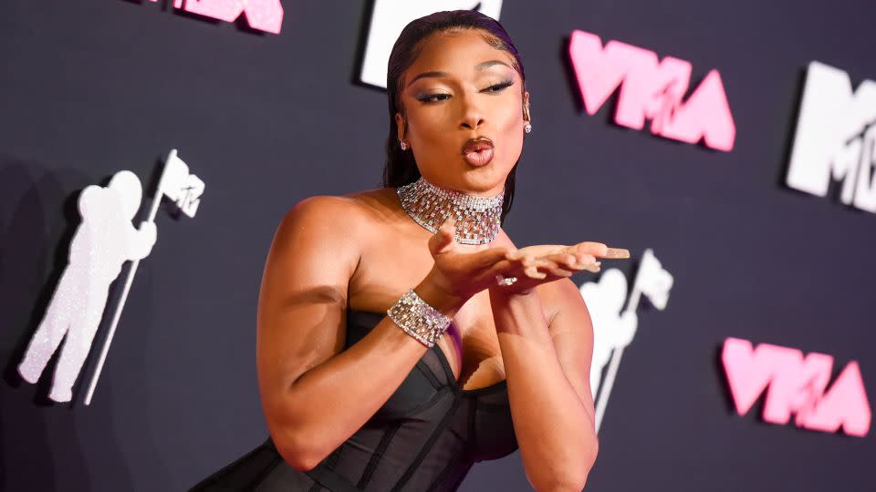 Megan Thee Stallion wore a sheer black custom Brandon Blackwood dress with Jacob & Co. jewelry.  - Gilbert Flores/Variety/Getty Images