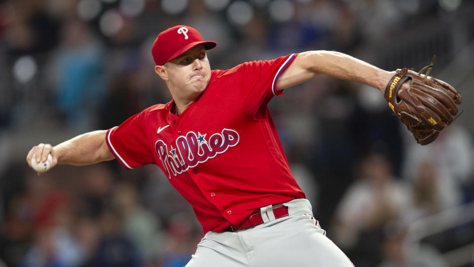 Philadelphia Phillies relief pitcher Corey Knebel throws during the ninth inning of the team's baseball game against the Atlanta Braves on Thursday, May 26, 2022, in Atlanta. (AP Photo/Hakim Wright Sr.)