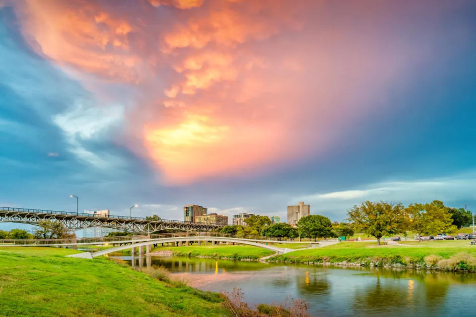 Sunset in Trinity Park, downtown Fort Worth, Texas via Getty Images