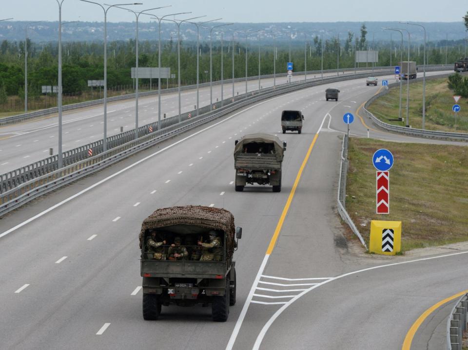 A Wagner convoy makes their way towards Moscow along the M4 (Reuters)
