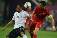 Portuguese forward Cristiano Ronaldo (R) vies with German defender Jerome Boateng (L) during the Euro 2012 championships football match Germany vs Portugal on June 9, 2012 at the Arena Lviv. AFP PHOTO / JEFF PACHOUDJEFF PACHOUD/AFP/GettyImages