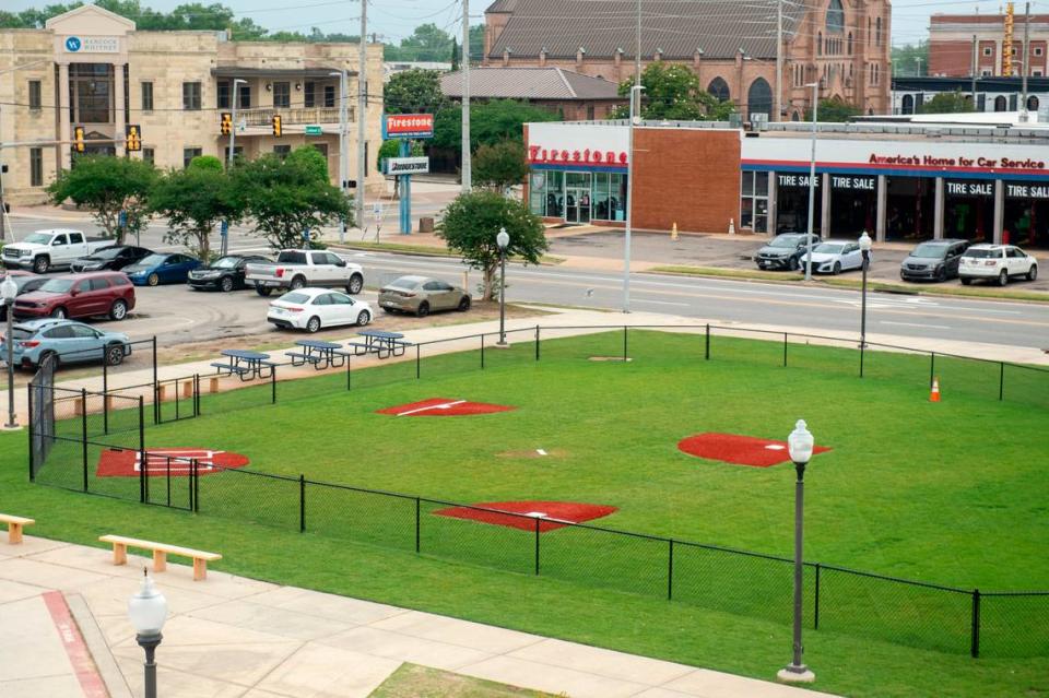 A new whiffle ball field at Shuckers Plaza, which is directly outside Shuckers Ballpark, on Friday, May 10, 2024. The field is only one of a number of features of the new Shuckers Plaza, which features a merchandise booth, local food trucks, games and music.
