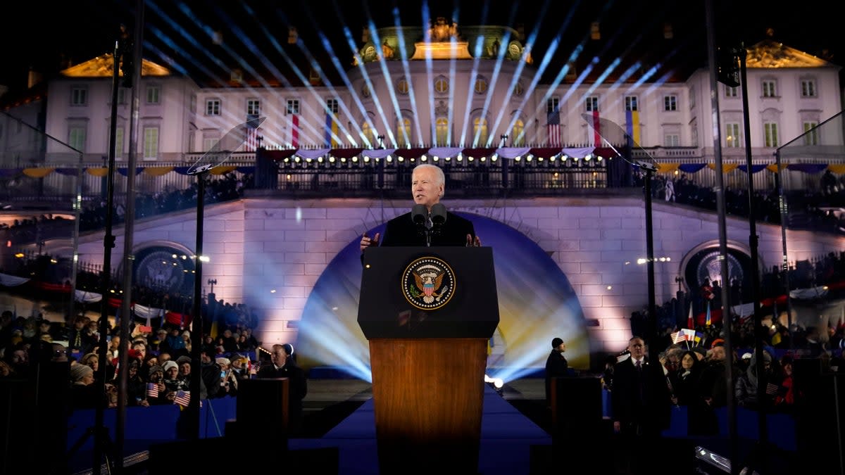 President Joe Biden delivers a speech marking the one-year anniversary of the Russian invasion of Ukraine in (Copyright 2023 The Associated Press. All rights reserved)